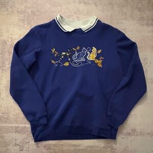 Women’s Vintage Novelty Blue Embroidered Cat Crewneck Sweater with faux collar